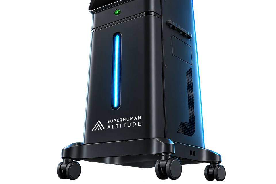 Superhuman Altitude in matte black, body and branding detail; product render